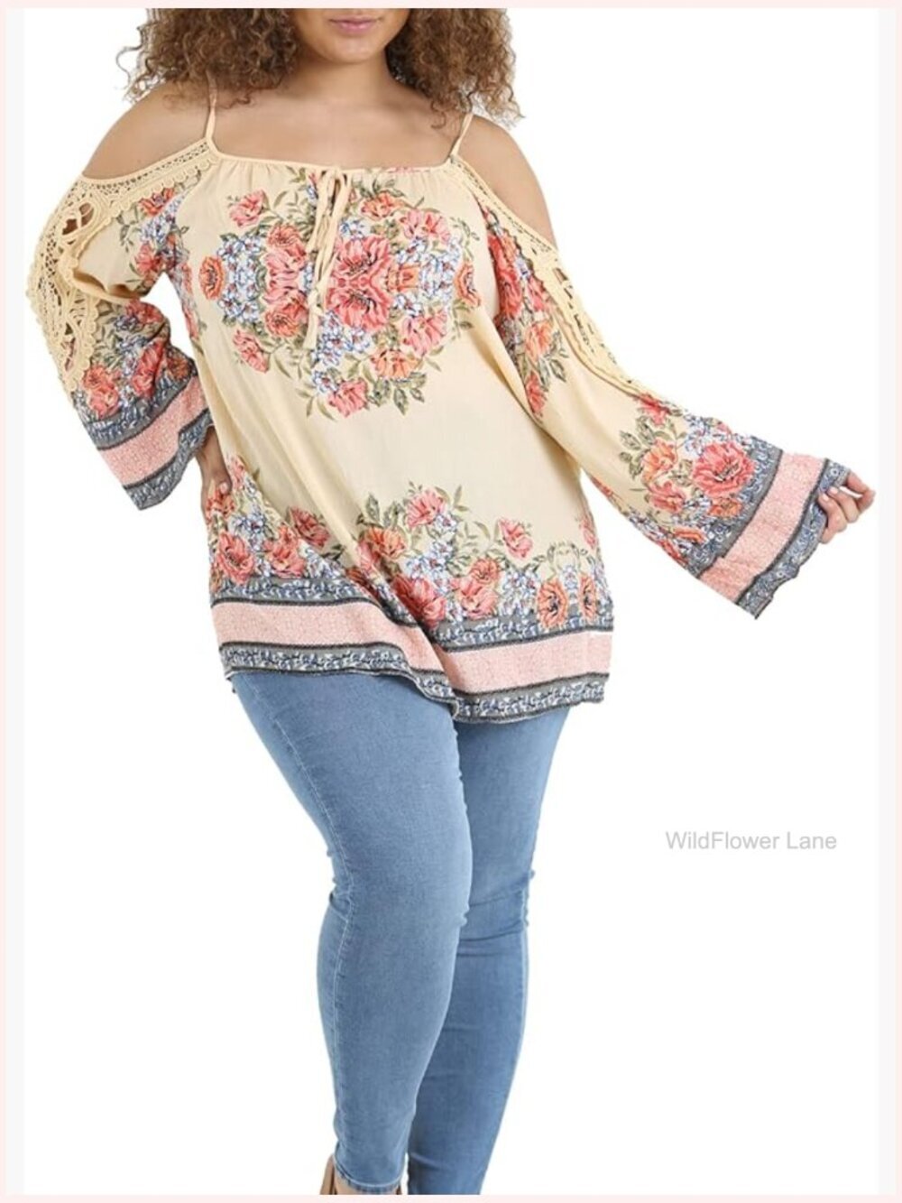 Plus Size Long Sleeve Cold Shoulder Top with Crochet Detail Woven